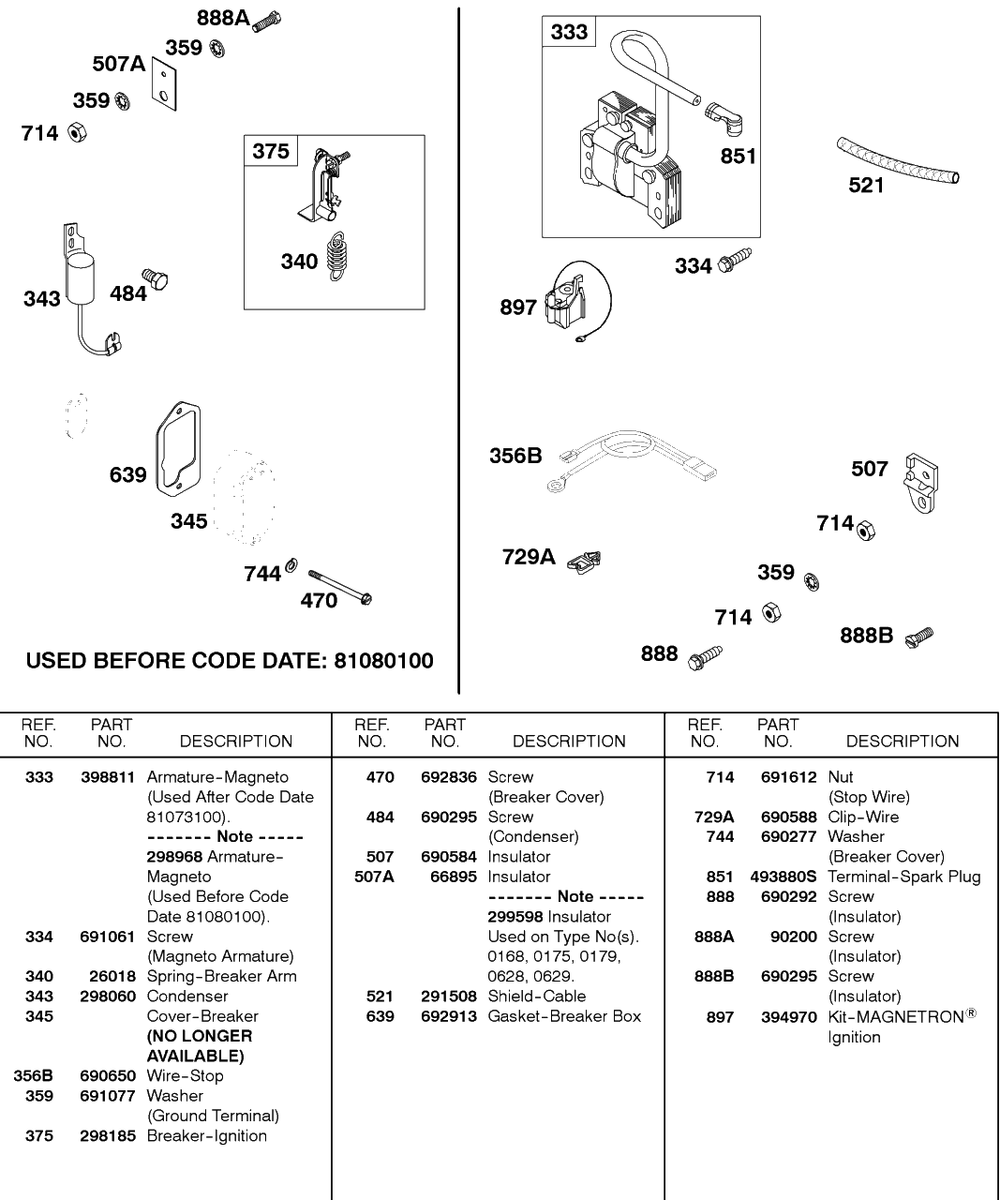 Ignition Breaker, Magneto Armature Diagram and Parts List for 243432-0737-XX  Briggs and Stratton Engine